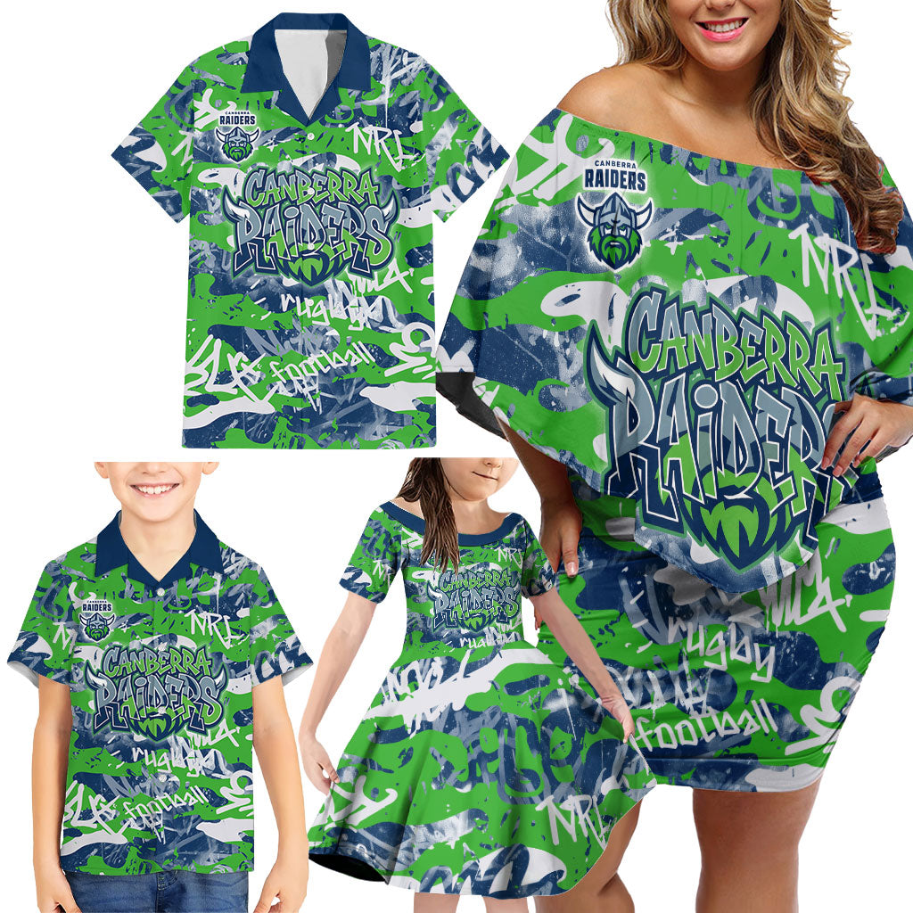 Canberra Raiders Rugby Family Matching Off Shoulder Short Dress and Hawaiian Shirt Graffiti Typography Urban Camo Abstract Street Style