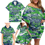Canberra Raiders Rugby Family Matching Off Shoulder Short Dress and Hawaiian Shirt Graffiti Typography Urban Camo Abstract Street Style