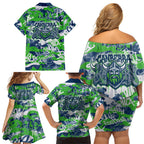 Canberra Raiders Rugby Family Matching Off Shoulder Short Dress and Hawaiian Shirt Graffiti Typography Urban Camo Abstract Street Style