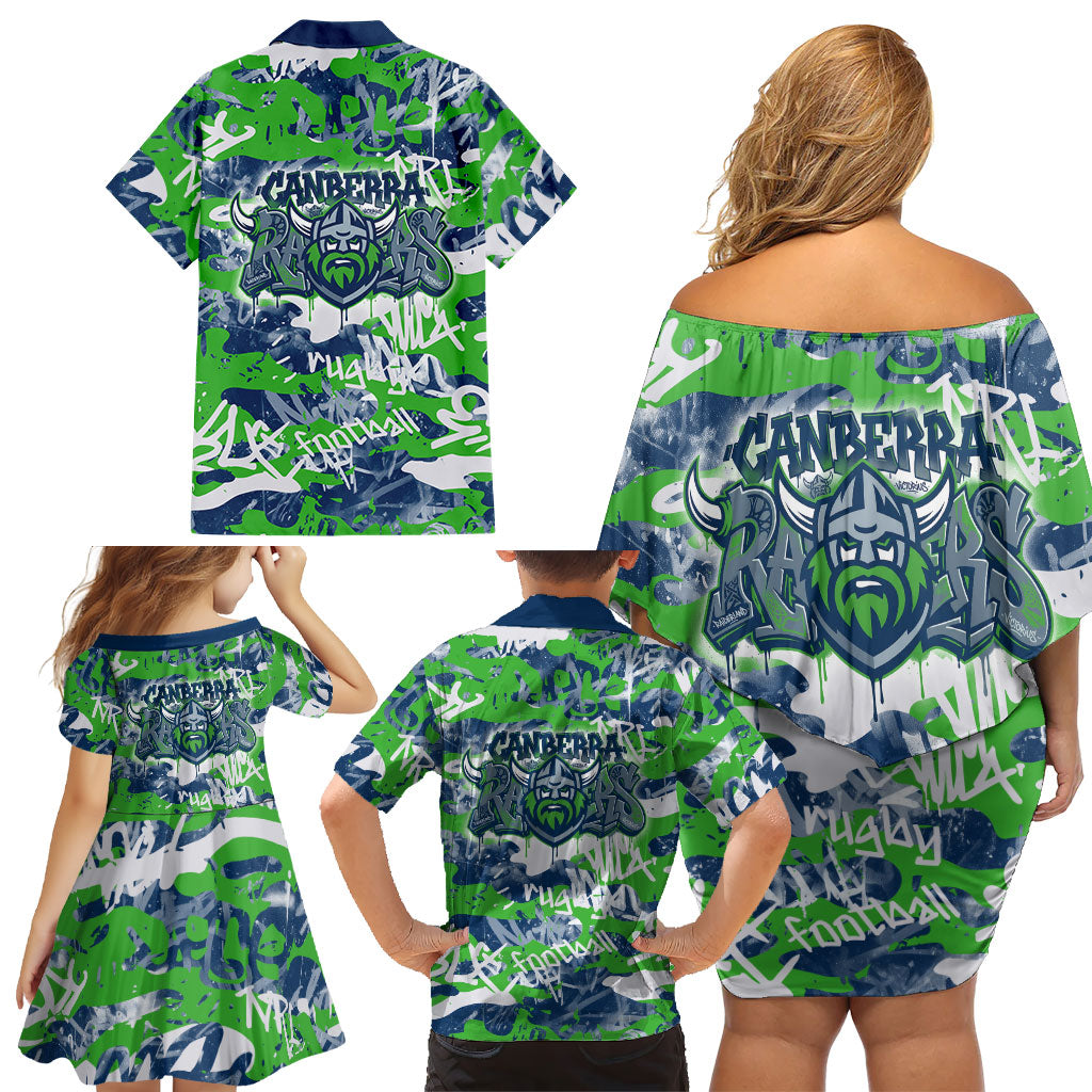 Canberra Raiders Rugby Family Matching Off Shoulder Short Dress and Hawaiian Shirt Graffiti Typography Urban Camo Abstract Street Style