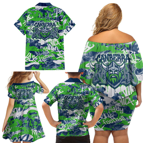 Canberra Raiders Rugby Family Matching Off Shoulder Short Dress and Hawaiian Shirt Graffiti Typography Urban Camo Abstract Street Style