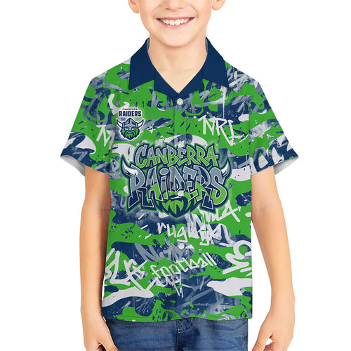 Canberra Raiders Rugby Family Matching Off Shoulder Short Dress and Hawaiian Shirt Graffiti Typography Urban Camo Abstract Street Style