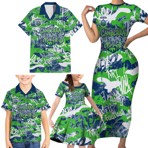 Canberra Raiders Rugby Family Matching Short Sleeve Bodycon Dress and Hawaiian Shirt Graffiti Typography Urban Camo Abstract Street Style