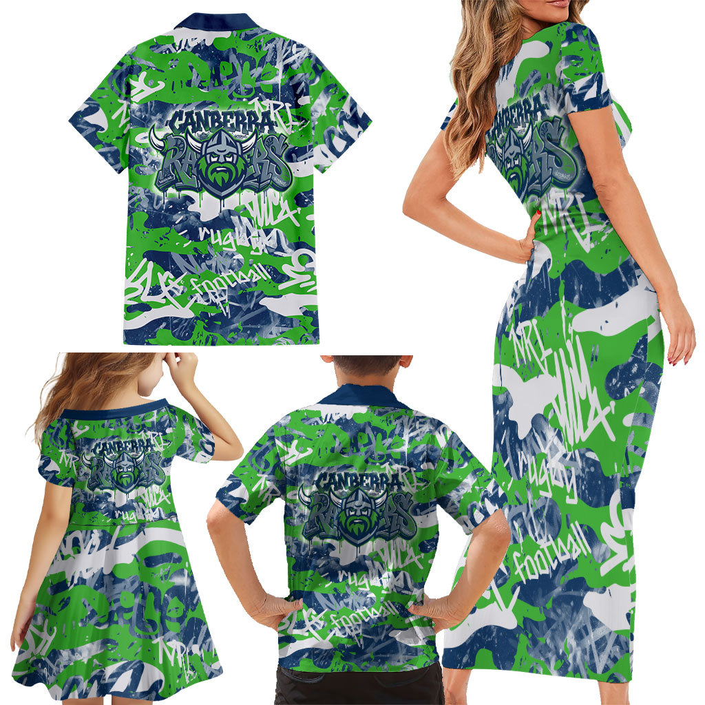 Canberra Raiders Rugby Family Matching Short Sleeve Bodycon Dress and Hawaiian Shirt Graffiti Typography Urban Camo Abstract Street Style