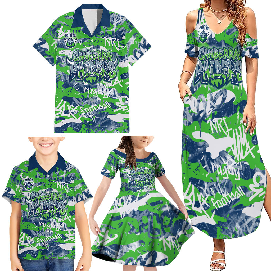 Canberra Raiders Rugby Family Matching Summer Maxi Dress and Hawaiian Shirt Graffiti Typography Urban Camo Abstract Street Style