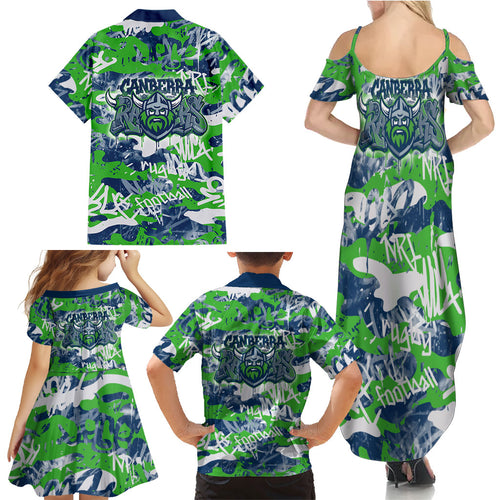 Canberra Raiders Rugby Family Matching Summer Maxi Dress and Hawaiian Shirt Graffiti Typography Urban Camo Abstract Street Style