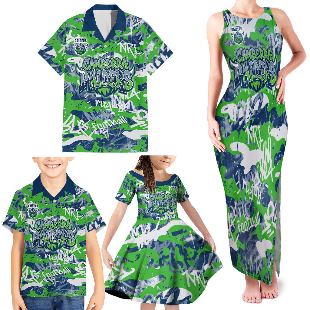 Canberra Raiders Rugby Family Matching Tank Maxi Dress and Hawaiian Shirt Graffiti Typography Urban Camo Abstract Street Style