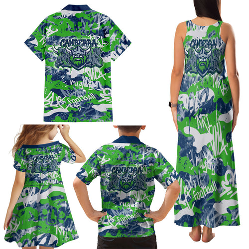 Canberra Raiders Rugby Family Matching Tank Maxi Dress and Hawaiian Shirt Graffiti Typography Urban Camo Abstract Street Style
