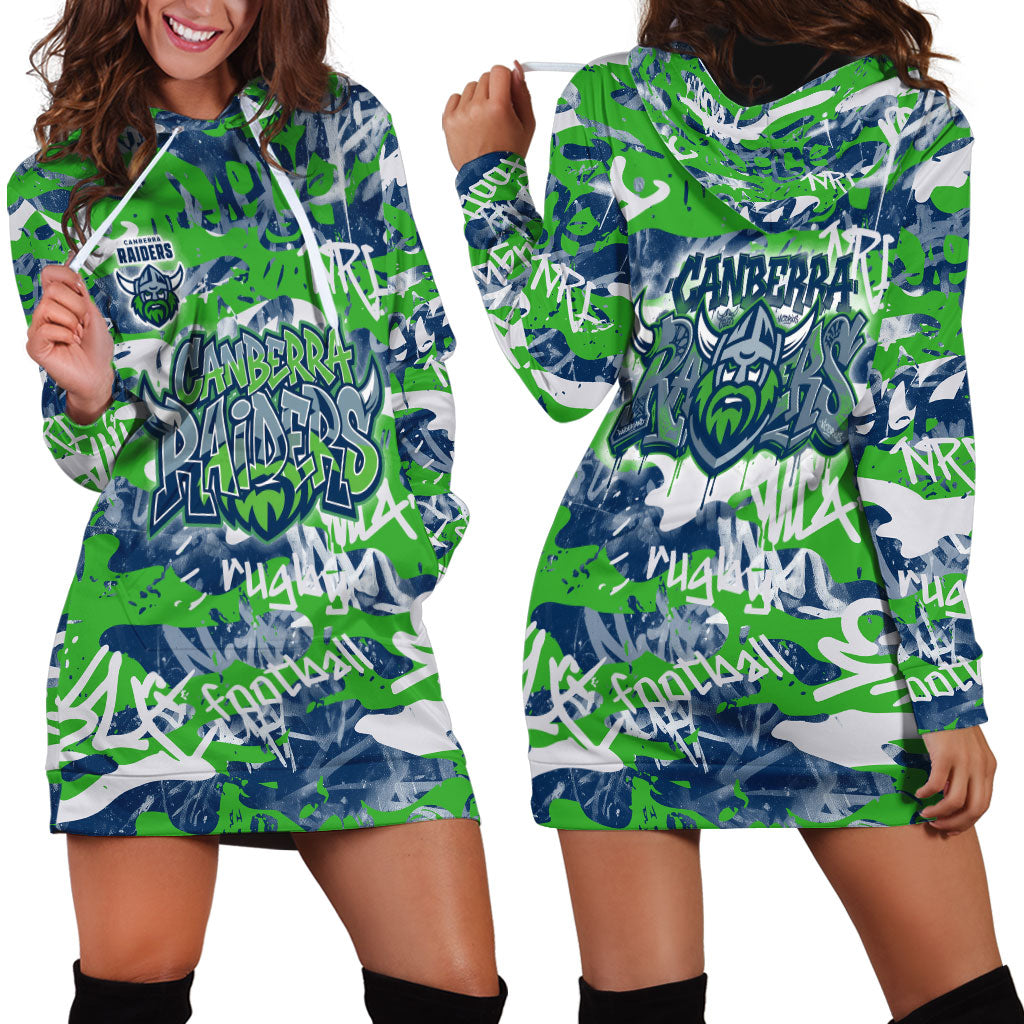 Canberra Raiders Rugby Hoodie Dress Graffiti Typography Urban Camo Abstract Street Style