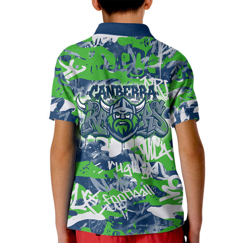 Canberra Raiders Rugby Kid Polo Shirt Graffiti Typography Urban Camo Abstract Street Style