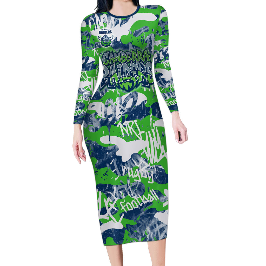 Canberra Raiders Rugby Long Sleeve Bodycon Dress Graffiti Typography Urban Camo Abstract Street Style