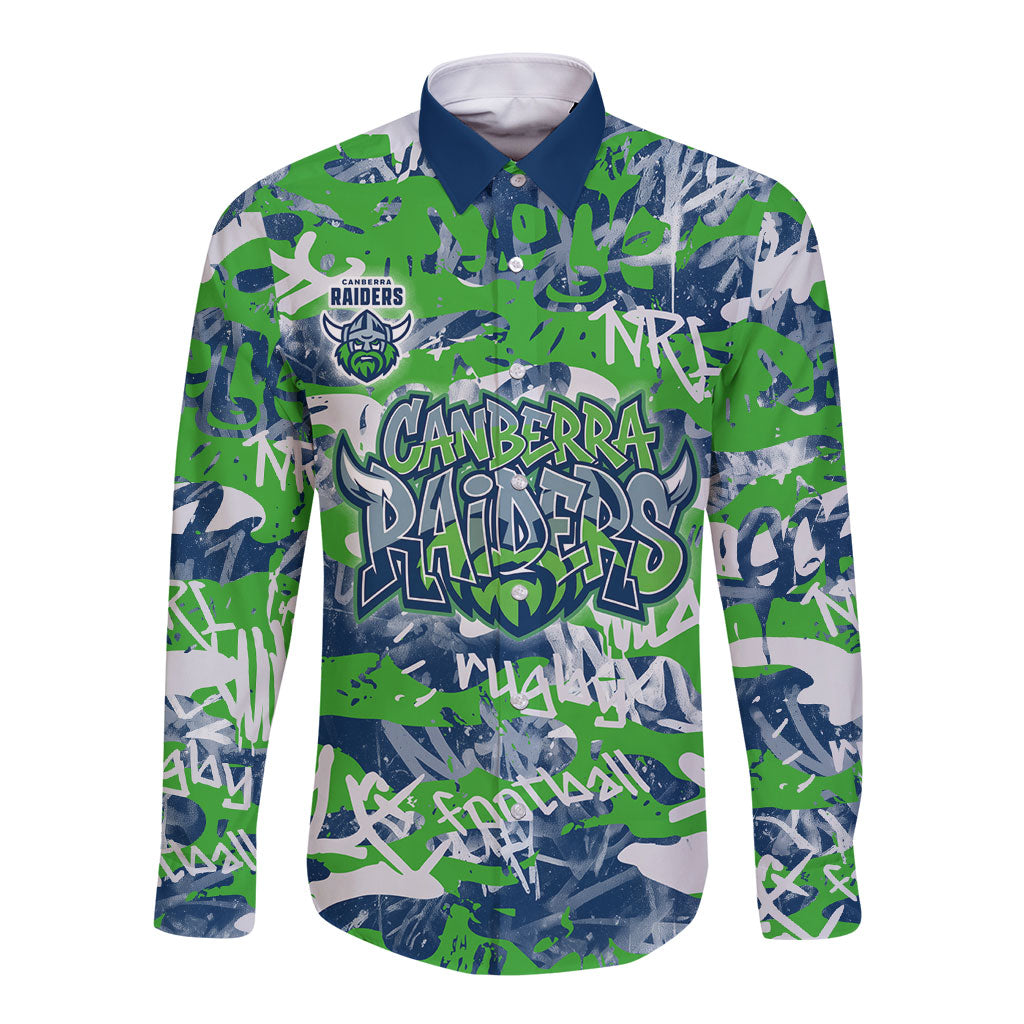 Canberra Raiders Rugby Long Sleeve Button Shirt Graffiti Typography Urban Camo Abstract Street Style