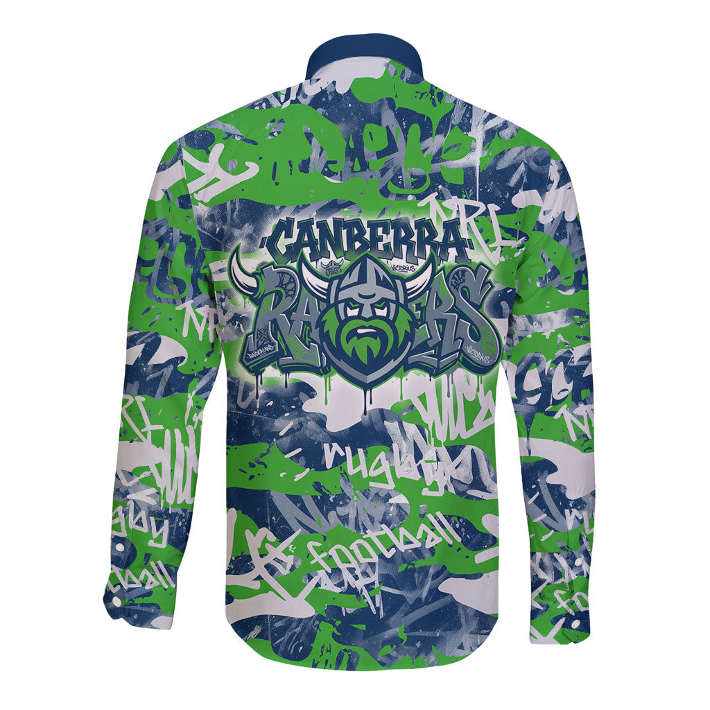 Canberra Raiders Rugby Long Sleeve Button Shirt Graffiti Typography Urban Camo Abstract Street Style