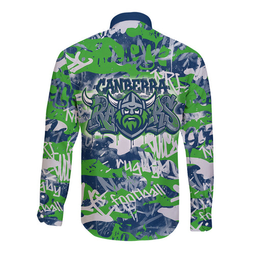 Canberra Raiders Rugby Long Sleeve Button Shirt Graffiti Typography Urban Camo Abstract Street Style