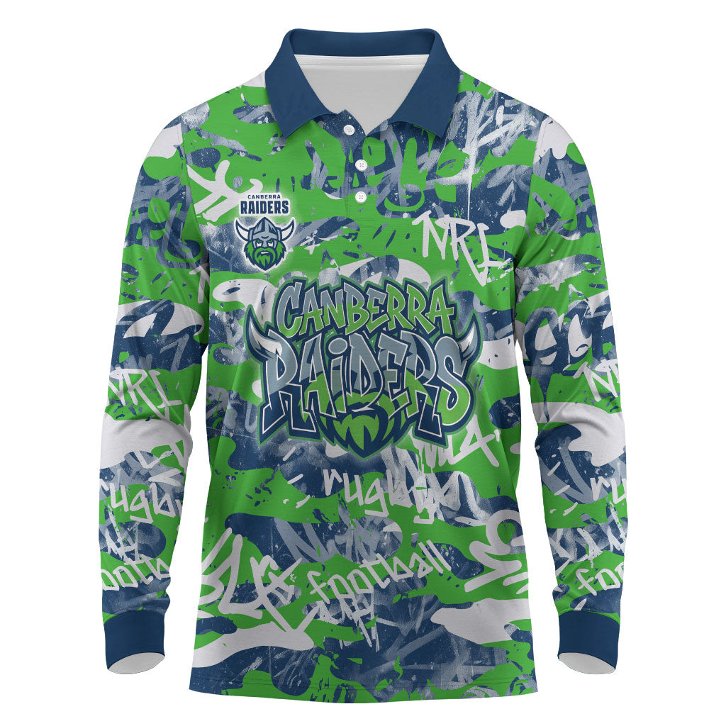 Canberra Raiders Rugby Long Sleeve Polo Shirt Graffiti Typography Urban Camo Abstract Street Style