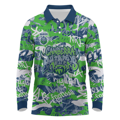 Canberra Raiders Rugby Long Sleeve Polo Shirt Graffiti Typography Urban Camo Abstract Street Style