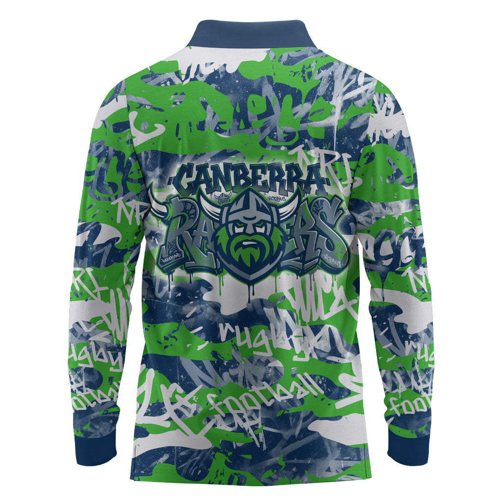 Canberra Raiders Rugby Long Sleeve Polo Shirt Graffiti Typography Urban Camo Abstract Street Style