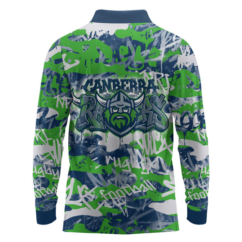 Canberra Raiders Rugby Long Sleeve Polo Shirt Graffiti Typography Urban Camo Abstract Street Style