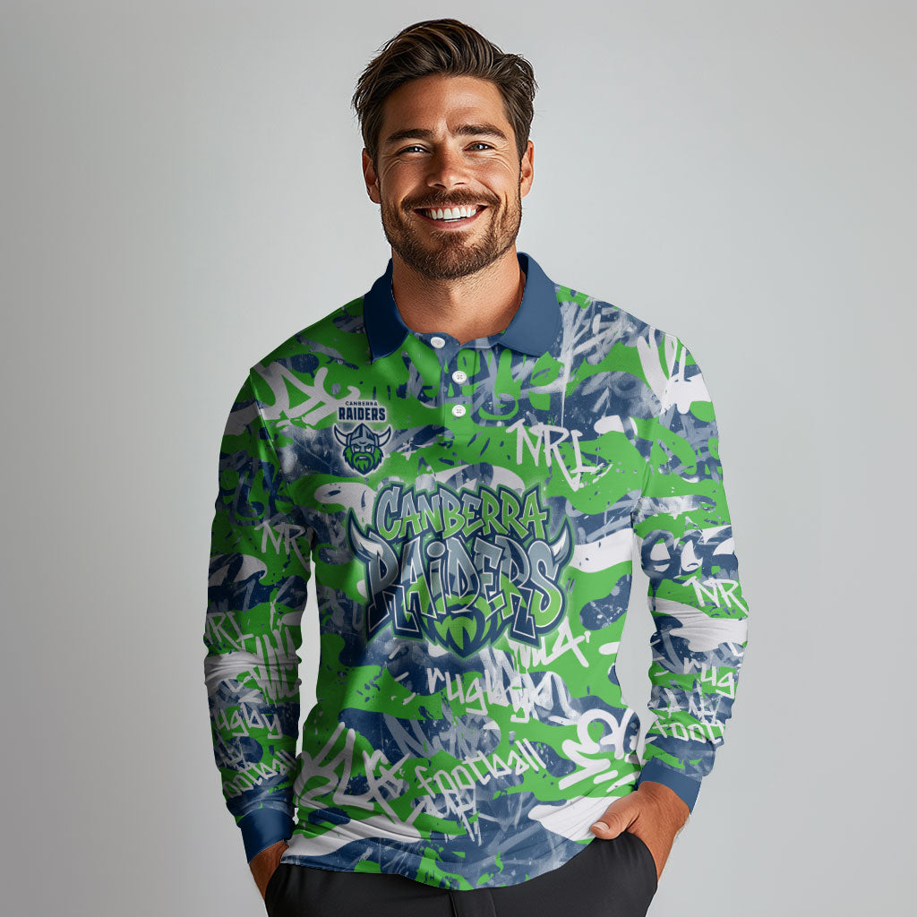 Canberra Raiders Rugby Long Sleeve Polo Shirt Graffiti Typography Urban Camo Abstract Street Style