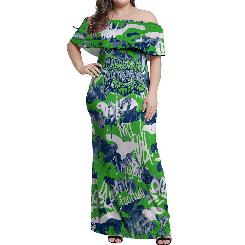 Canberra Raiders Rugby Off Shoulder Maxi Dress Graffiti Typography Urban Camo Abstract Street Style