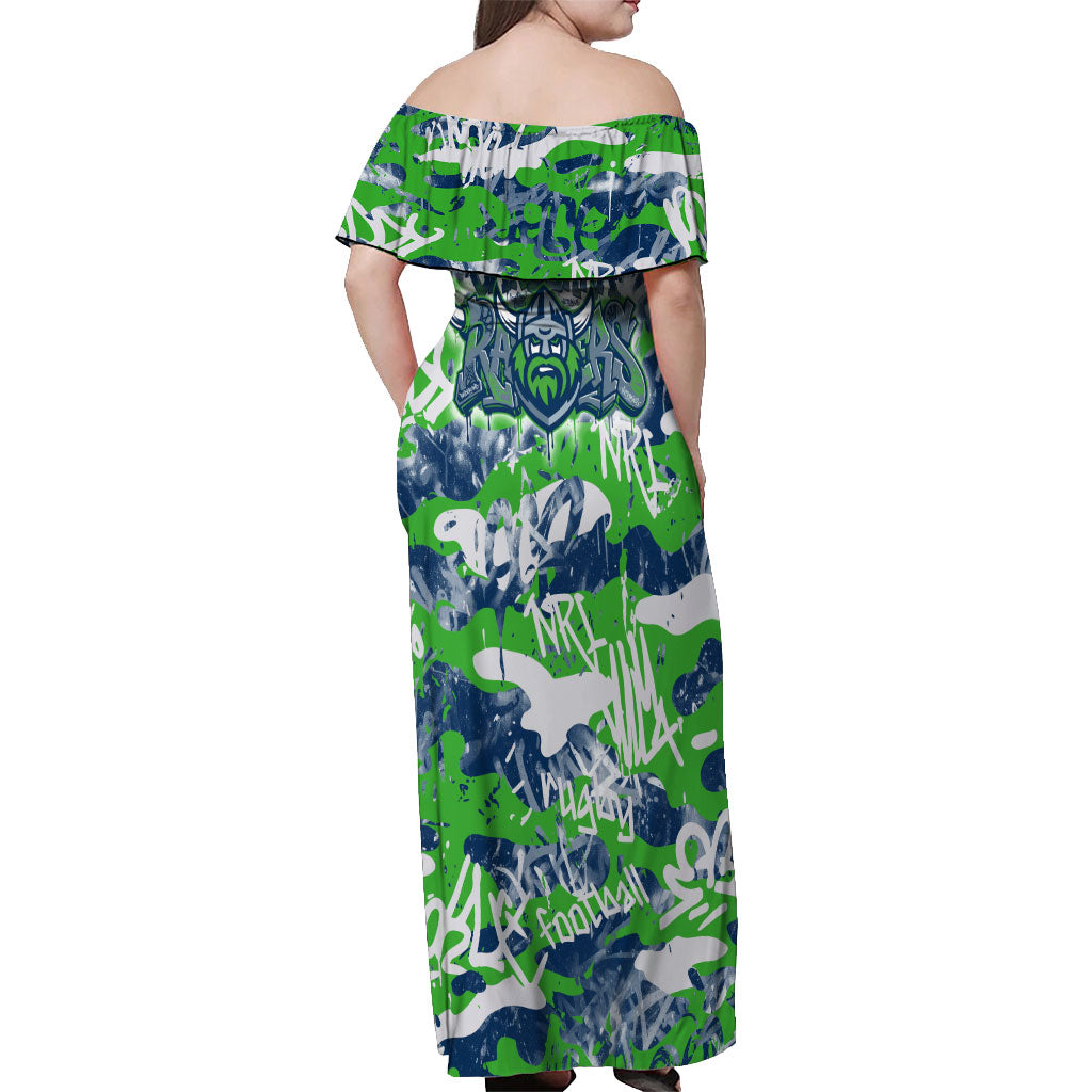 Canberra Raiders Rugby Off Shoulder Maxi Dress Graffiti Typography Urban Camo Abstract Street Style