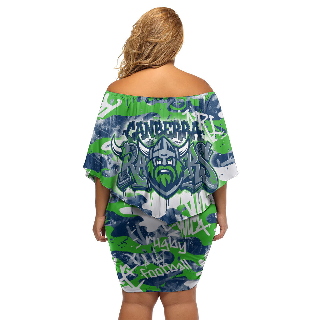 Canberra Raiders Rugby Off Shoulder Short Dress Graffiti Typography Urban Camo Abstract Street Style
