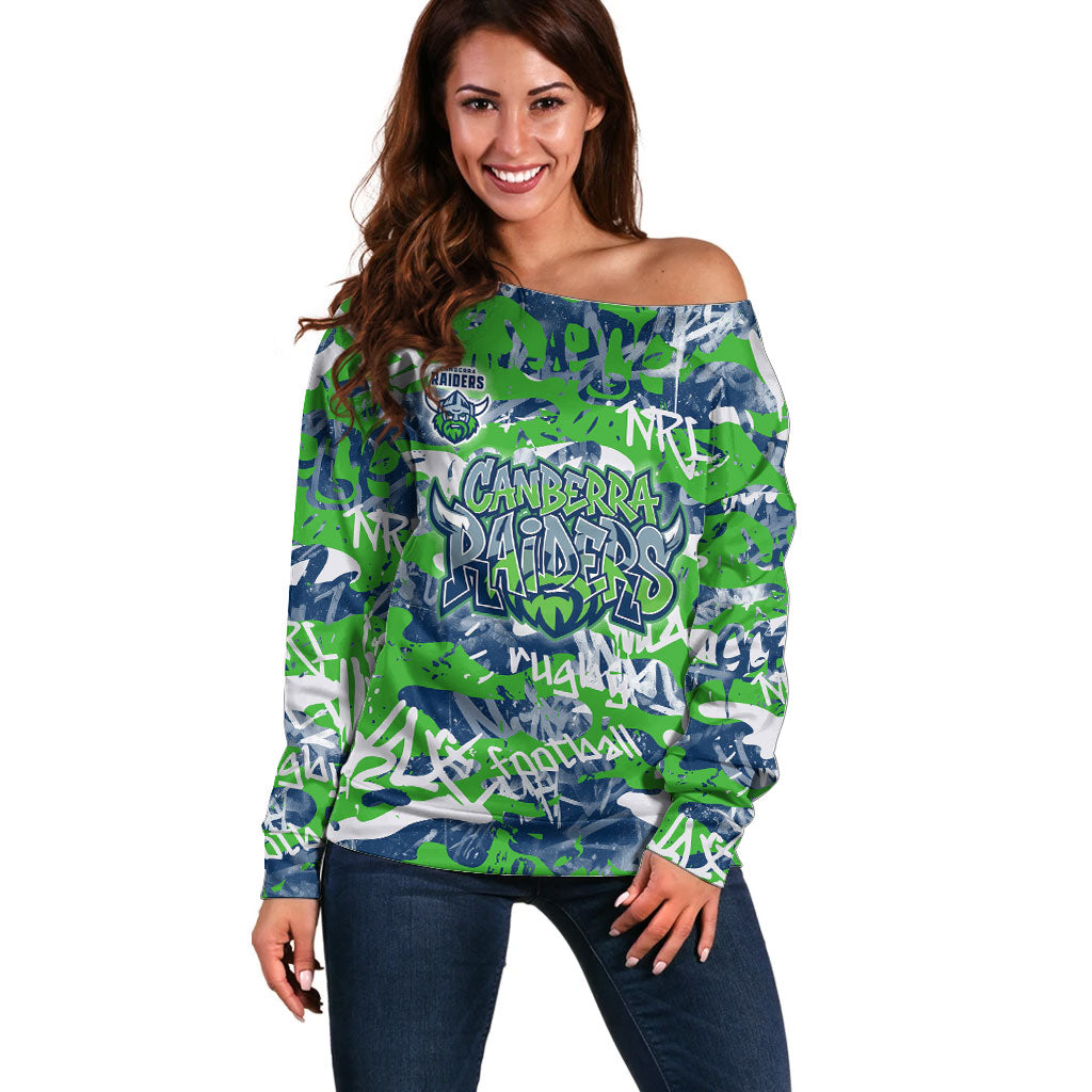 Canberra Raiders Rugby Off Shoulder Sweater Graffiti Typography Urban Camo Abstract Street Style