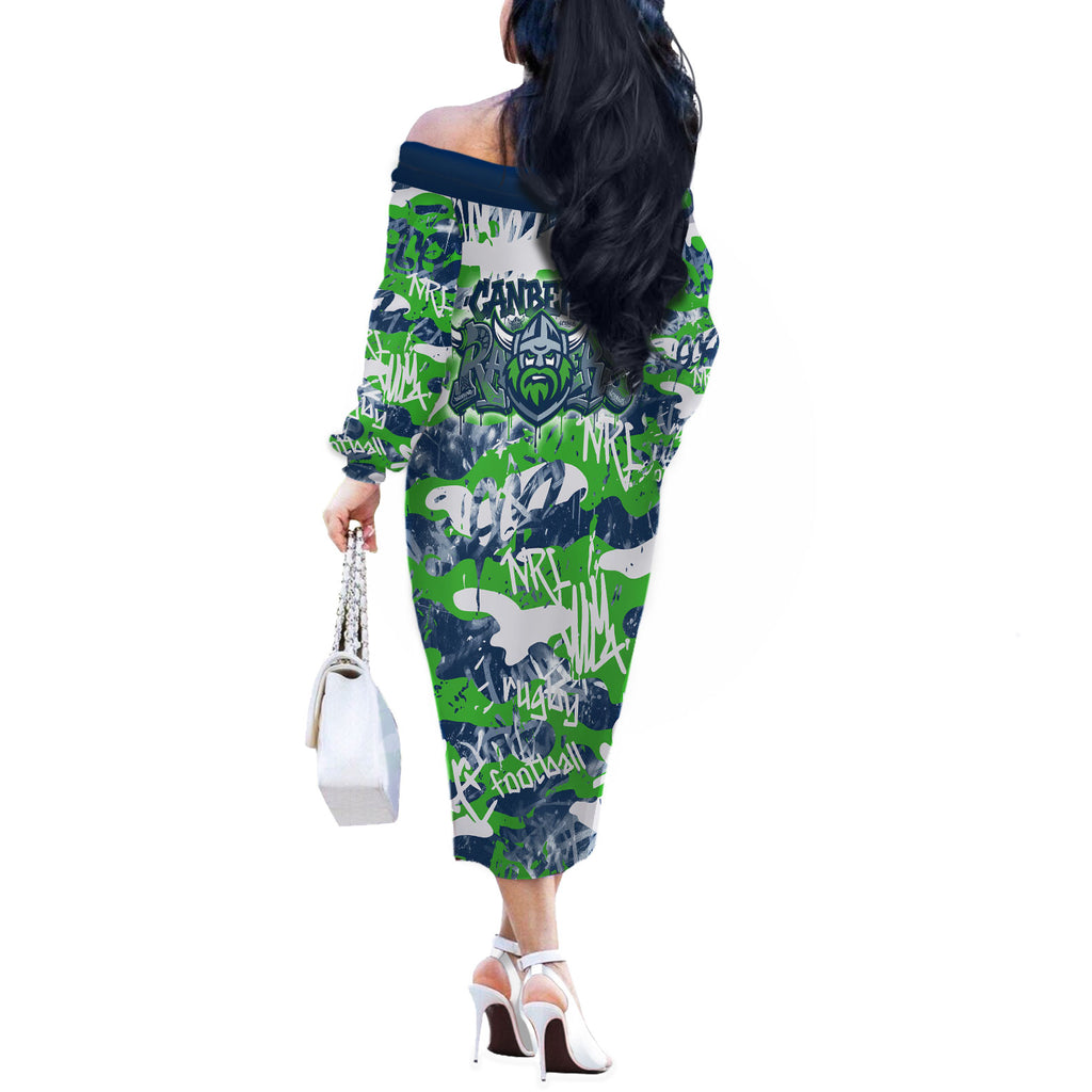 Canberra Raiders Rugby Off The Shoulder Long Sleeve Dress Graffiti Typography Urban Camo Abstract Street Style
