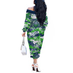 Canberra Raiders Rugby Off The Shoulder Long Sleeve Dress Graffiti Typography Urban Camo Abstract Street Style