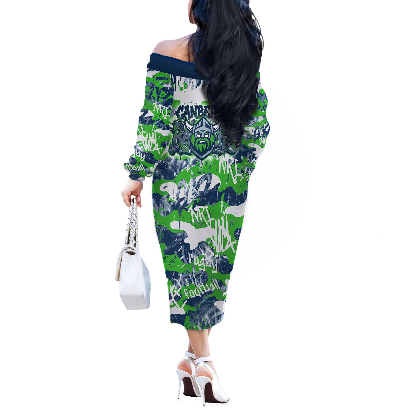 Canberra Raiders Rugby Off The Shoulder Long Sleeve Dress Graffiti Typography Urban Camo Abstract Street Style