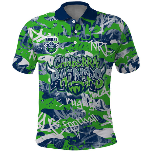 Canberra Raiders Rugby Polo Shirt Graffiti Typography Urban Camo Abstract Street Style