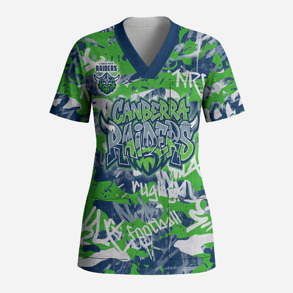 Canberra Raiders Rugby Scrub Top Graffiti Typography Urban Camo Abstract Street Style