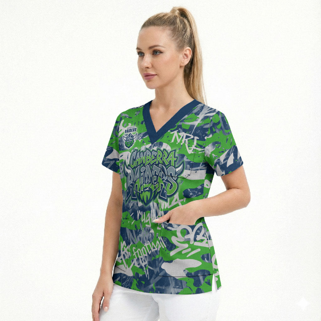 Canberra Raiders Rugby Scrub Top Graffiti Typography Urban Camo Abstract Street Style