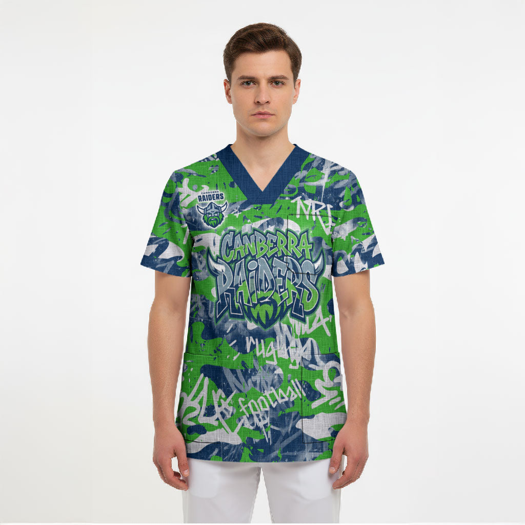 Canberra Raiders Rugby Scrub Top Graffiti Typography Urban Camo Abstract Street Style