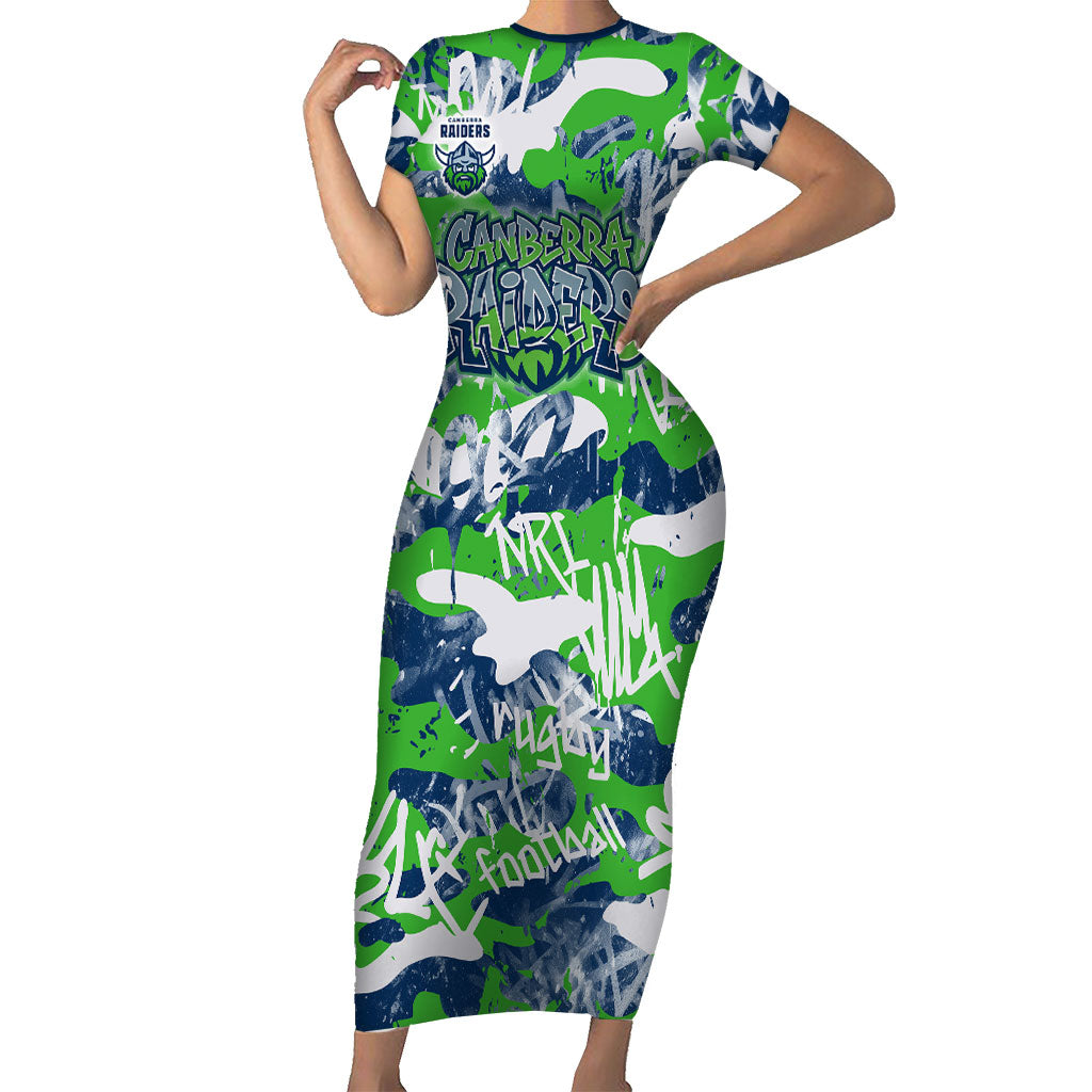 Canberra Raiders Rugby Short Sleeve Bodycon Dress Graffiti Typography Urban Camo Abstract Street Style