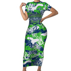 Canberra Raiders Rugby Short Sleeve Bodycon Dress Graffiti Typography Urban Camo Abstract Street Style