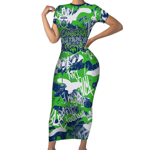 Canberra Raiders Rugby Short Sleeve Bodycon Dress Graffiti Typography Urban Camo Abstract Street Style