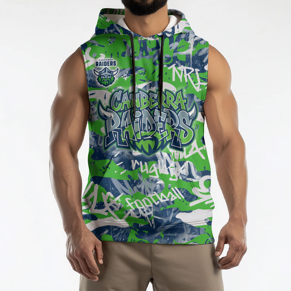 Canberra Raiders Rugby Sleeveless Hoodie Graffiti Typography Urban Camo Abstract Street Style
