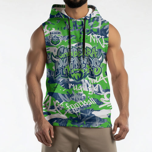 Canberra Raiders Rugby Sleeveless Hoodie Graffiti Typography Urban Camo Abstract Street Style