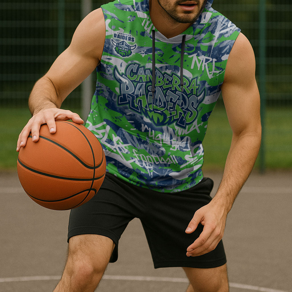 Canberra Raiders Rugby Sleeveless Hoodie Graffiti Typography Urban Camo Abstract Street Style