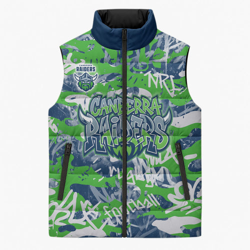 Canberra Raiders Rugby Sleeveless Puffer Jacket Graffiti Typography Urban Camo Abstract Street Style