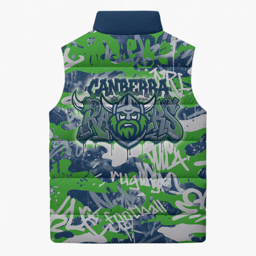 Canberra Raiders Rugby Sleeveless Puffer Jacket Graffiti Typography Urban Camo Abstract Street Style