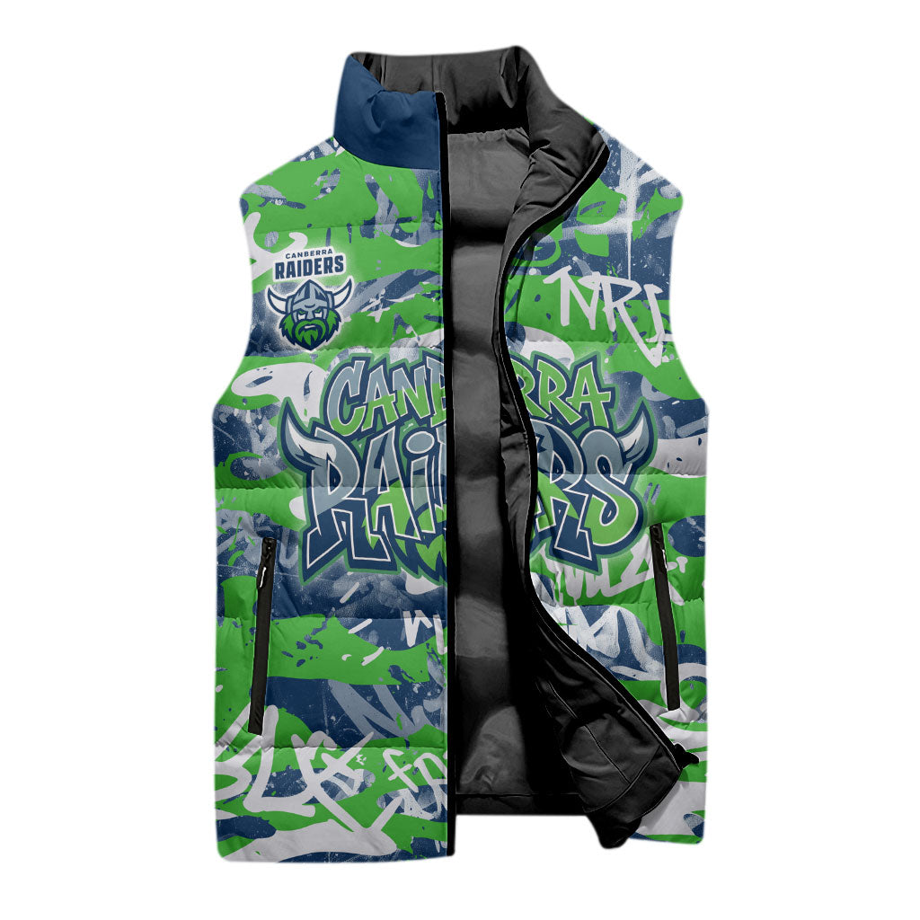 Canberra Raiders Rugby Sleeveless Puffer Jacket Graffiti Typography Urban Camo Abstract Street Style
