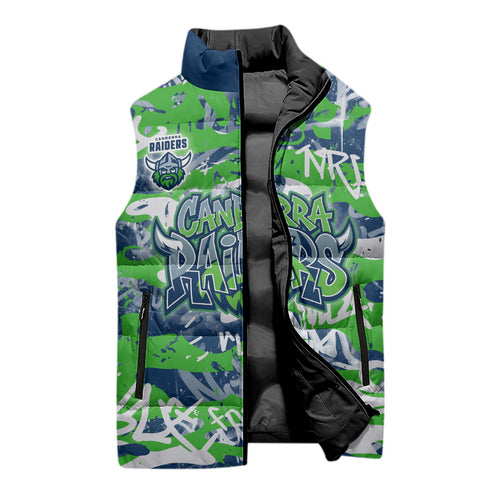 Canberra Raiders Rugby Sleeveless Puffer Jacket Graffiti Typography Urban Camo Abstract Street Style