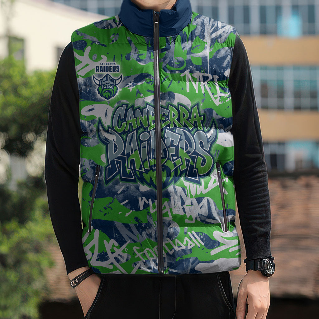 Canberra Raiders Rugby Sleeveless Puffer Jacket Graffiti Typography Urban Camo Abstract Street Style