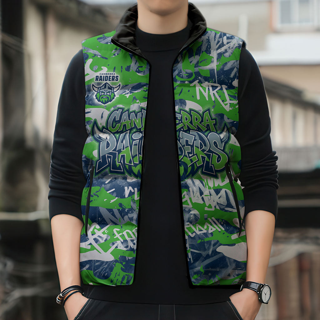 Canberra Raiders Rugby Sleeveless Puffer Jacket Graffiti Typography Urban Camo Abstract Street Style