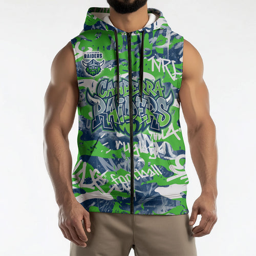 Canberra Raiders Rugby Sleeveless Zip Hoodie Graffiti Typography Urban Camo Abstract Street Style