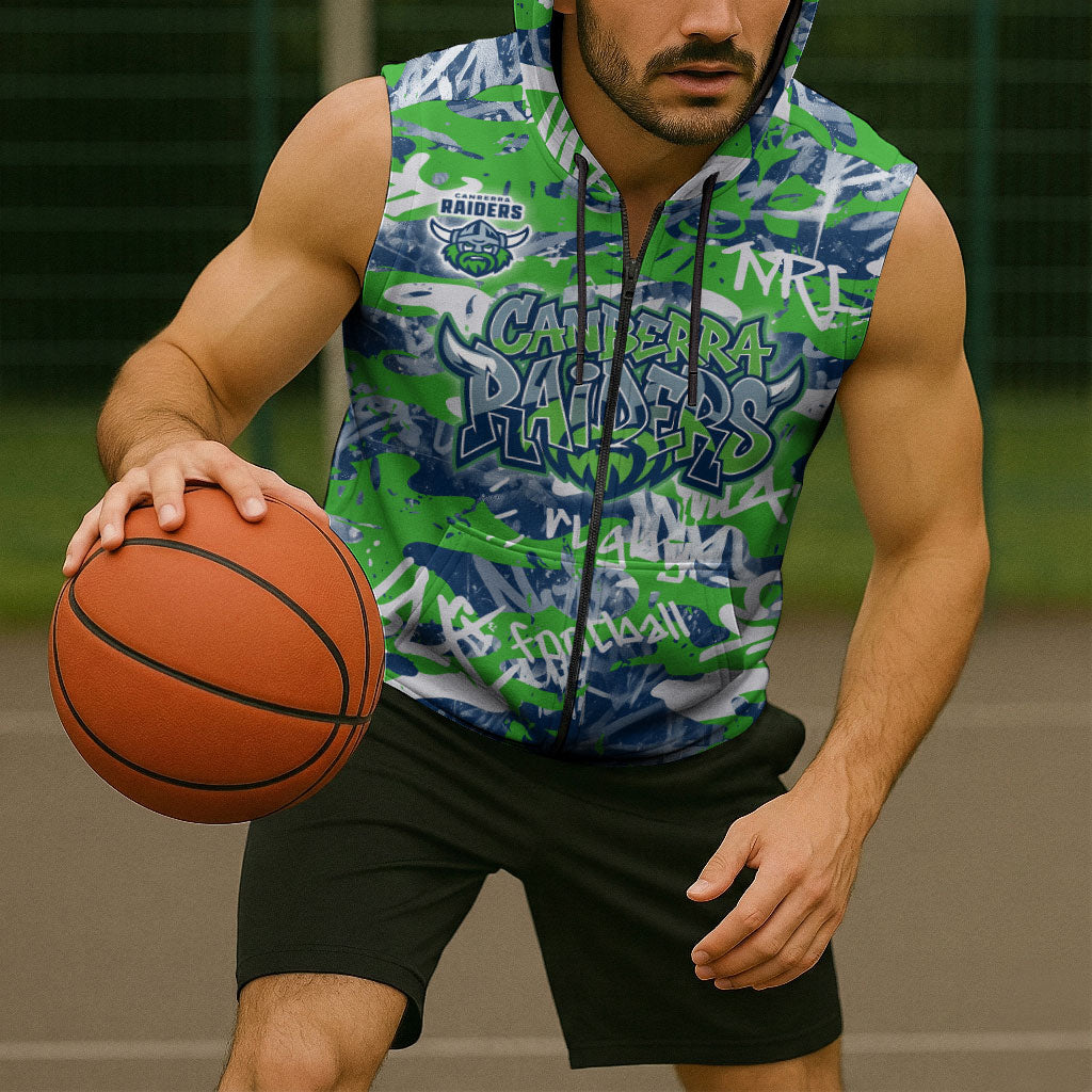 Canberra Raiders Rugby Sleeveless Zip Hoodie Graffiti Typography Urban Camo Abstract Street Style