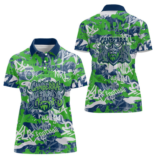 Canberra Raiders Rugby Women Polo Shirt Graffiti Typography Urban Camo Abstract Street Style