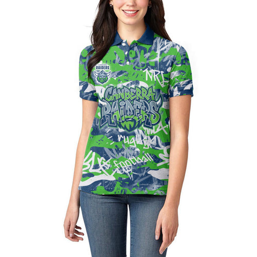 Canberra Raiders Rugby Women Polo Shirt Graffiti Typography Urban Camo Abstract Street Style
